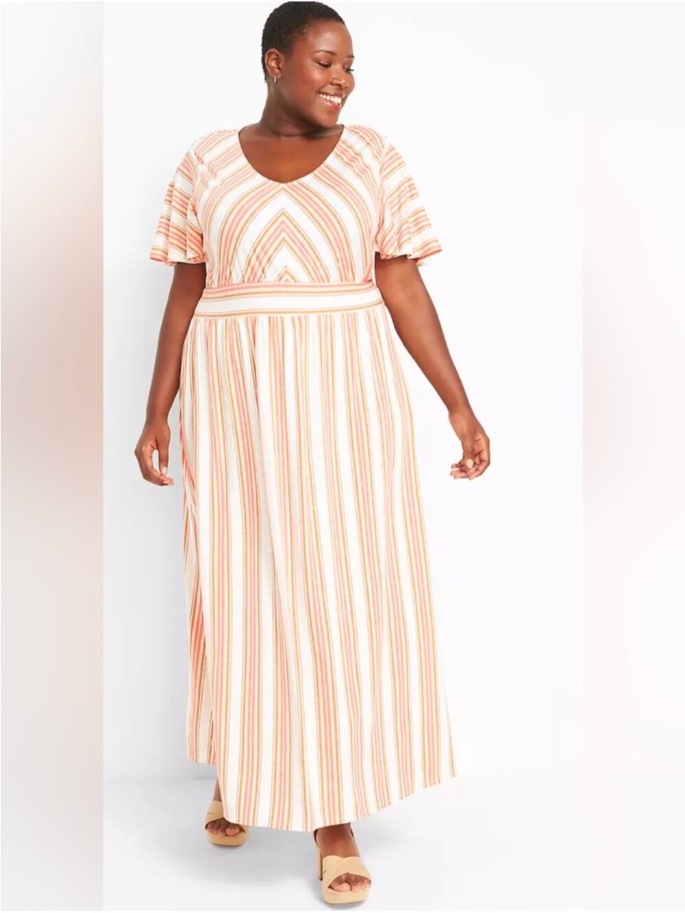 Lane Bryant Striped V-Neck Maxi Dress in coral/Peach, brown and Cream